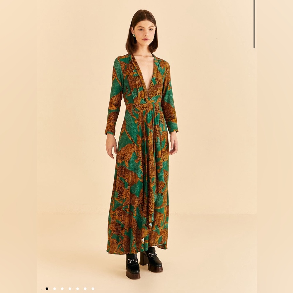 Farm Rio Green Artsy Leopards Long Sleeve Maxi Dress